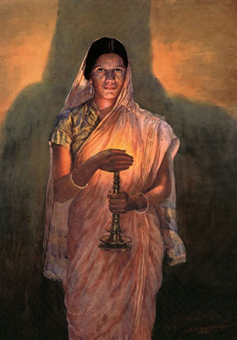 glow of hope watercolour painting by SL Haldankar shows a girl holding a lamp, her face illuminated by its glow