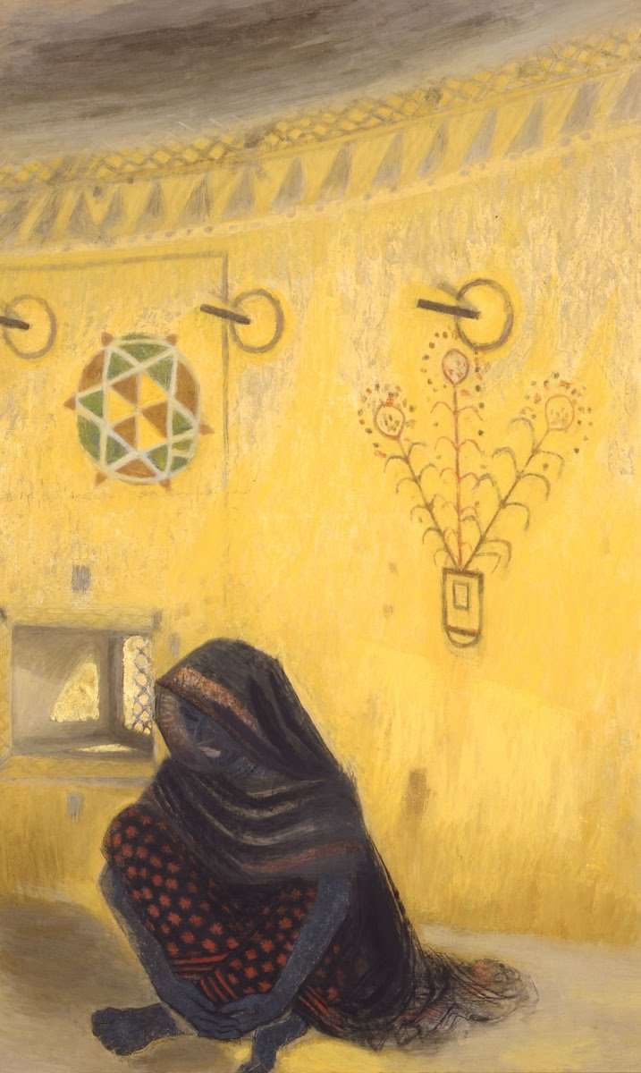 A painting by Fuku Akino from her time in India (Kutch) depicting a woman sitting against a yellow mud wall. The wall has traditional geometrical motifs.